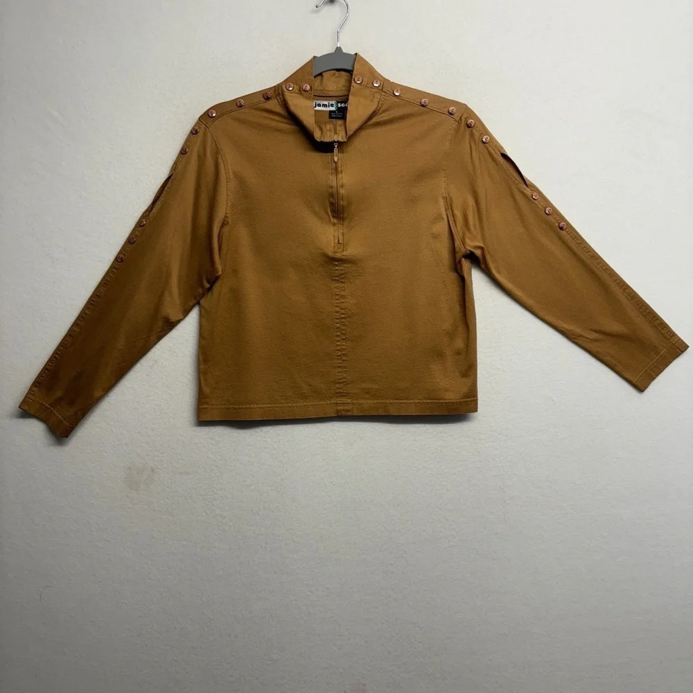 Jamie Sadock Pullover Sweater Cropped‎ Brown Tan Button Sleeve Detail S
